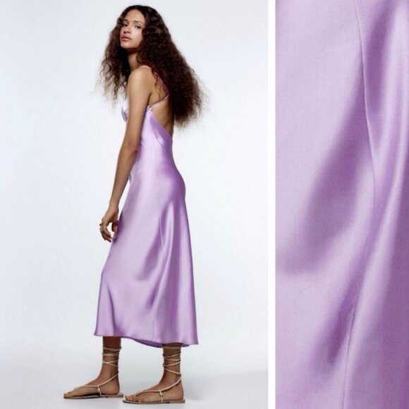 Zara Lilac Satin Effect Midi Slip Dress XS Lilac Lavender - Picture 3 of 12